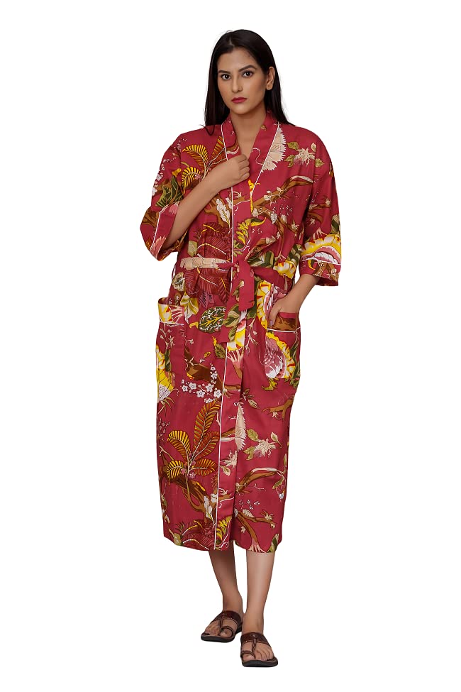 Women's Indian printed kimono cardigan v neck loose beach cover up cotton kimono night gown