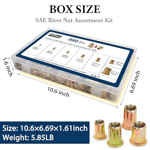 Image of SAE Rivet Nut Assortment Kit(880 Pcs), #6-32#8-32#10-24 1 /4 inch-20 5 /16 inch-18 3 /8 inch-16 1 /2 inch-13 UNC Flat Head Rivnut Set, Zinc Plated Finish Carbon Steel Nutsert