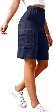 Generisch Damen Cargoshorts Kurze Hose Sommer Bermuda Elastischer Bund mit Knopf Reißverschluss Praktische Taschen Knielang Einfarbig Bequeme Passform für Outdoor Wandern Freizeit