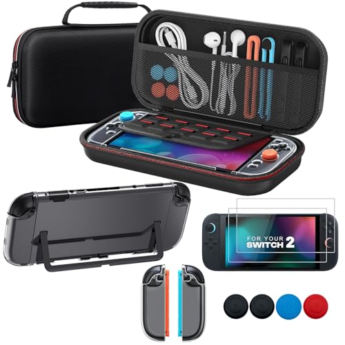 TOSAXSC 10-in-1 Accessories Bundle for Nintendo Switch 2, Hard Shell Travel Carrying Case with Large Capacity, Dockable Protective Cover and 2 Screen Protectors, 4 Thumb Grips，Protective Gaming Accessories for Switch 2