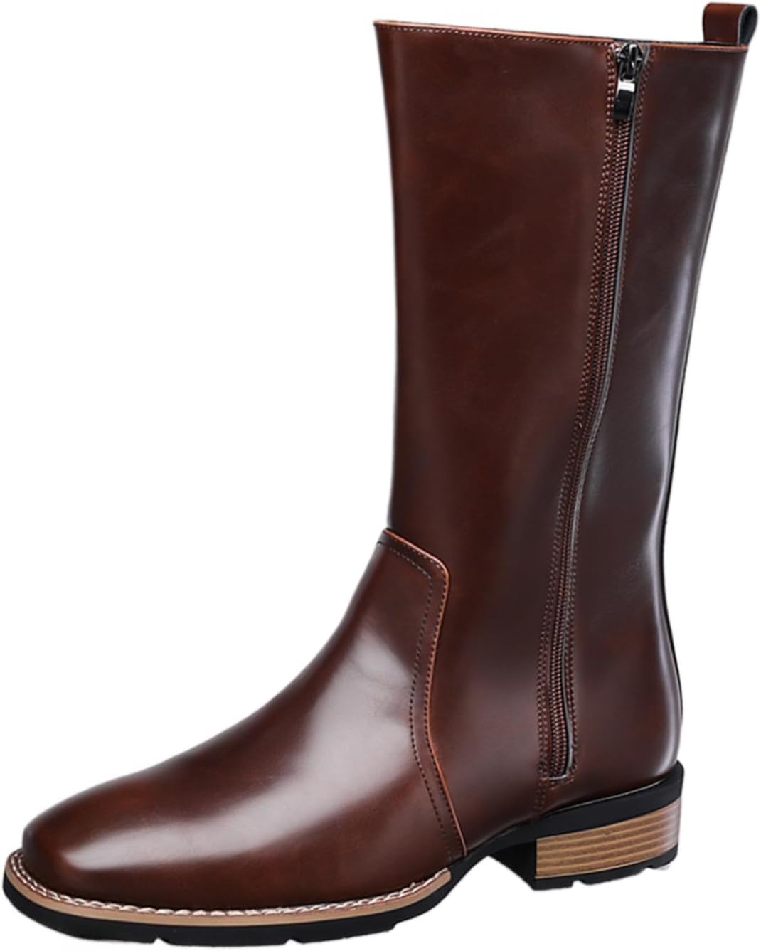 Men's Leather Side Zipper Calf High Motorcycle Boots Block Heel Comfortable Non-Slip Warm Rider Boots For Winter Daily Outdoor Activities Party Riding