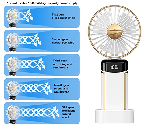 Mtsxdyt Portable Handheld Fan Hanging Neck Fan，Foldable Personal Fan Desk Fan With Lanyard And Digital Display，Usb Rechargeable 5000Mah 5 Wind Speed Mini Neck Fan For Indoor Outdoor (White) #TOP2