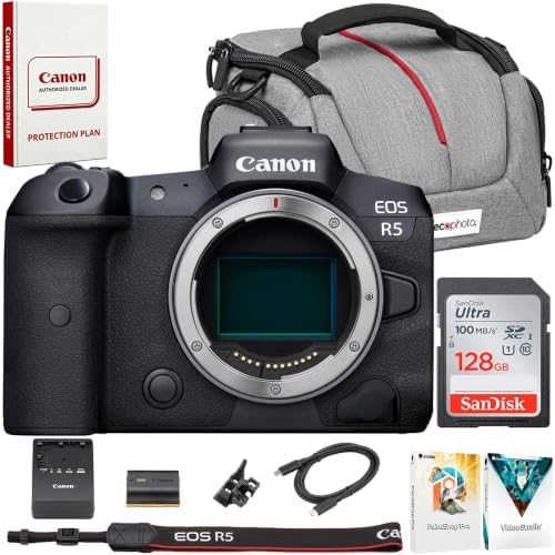 Canon EOS R5 Full Frame Mirrorless Camera Body 4147C002 with 45MP IBIS & 8K Video Bundle with Deco Photo Camera Bag, Lexar PRO Blue Series 64GB SDXC Memory Card and Premium Photography Pro eBook