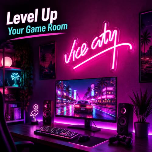 DLYUIOVV 15.75"x9.45" Pink Vice City Neon Sign for Wall Decor, Dimmable by DLYUIOVV - Used condition - Image 3