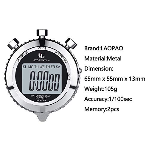 LAOPAO Stopwatch, 1/100 seconds Precision 2 Memories Daily Waterproof with Light function&Mute Mode for Outdoor Sports Running