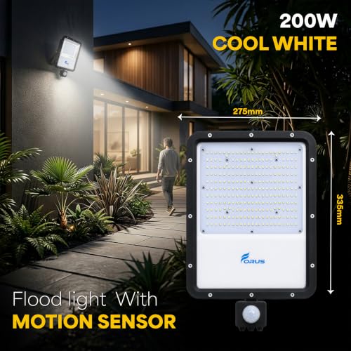 Image of Forus 200W LED Flood Light Cool White with Motion Sensor Auto On Off Day Night Mode Waterproof Outdoor Security Light for Garden Parking Garage Factory Shop High Bright Floodlight 4Yr Warranty-1Pc