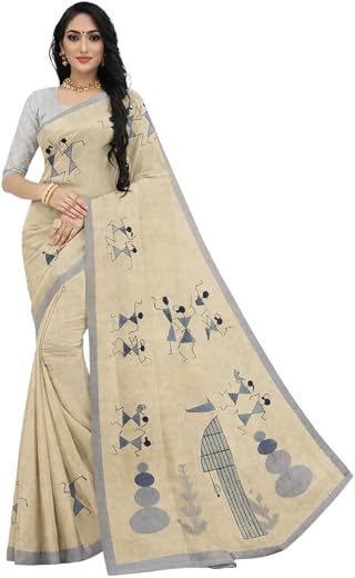 Beige Linen Saree with Warli Tribal Art Print, Grey Border, Lightweight and Breathable, with Matching Blouse