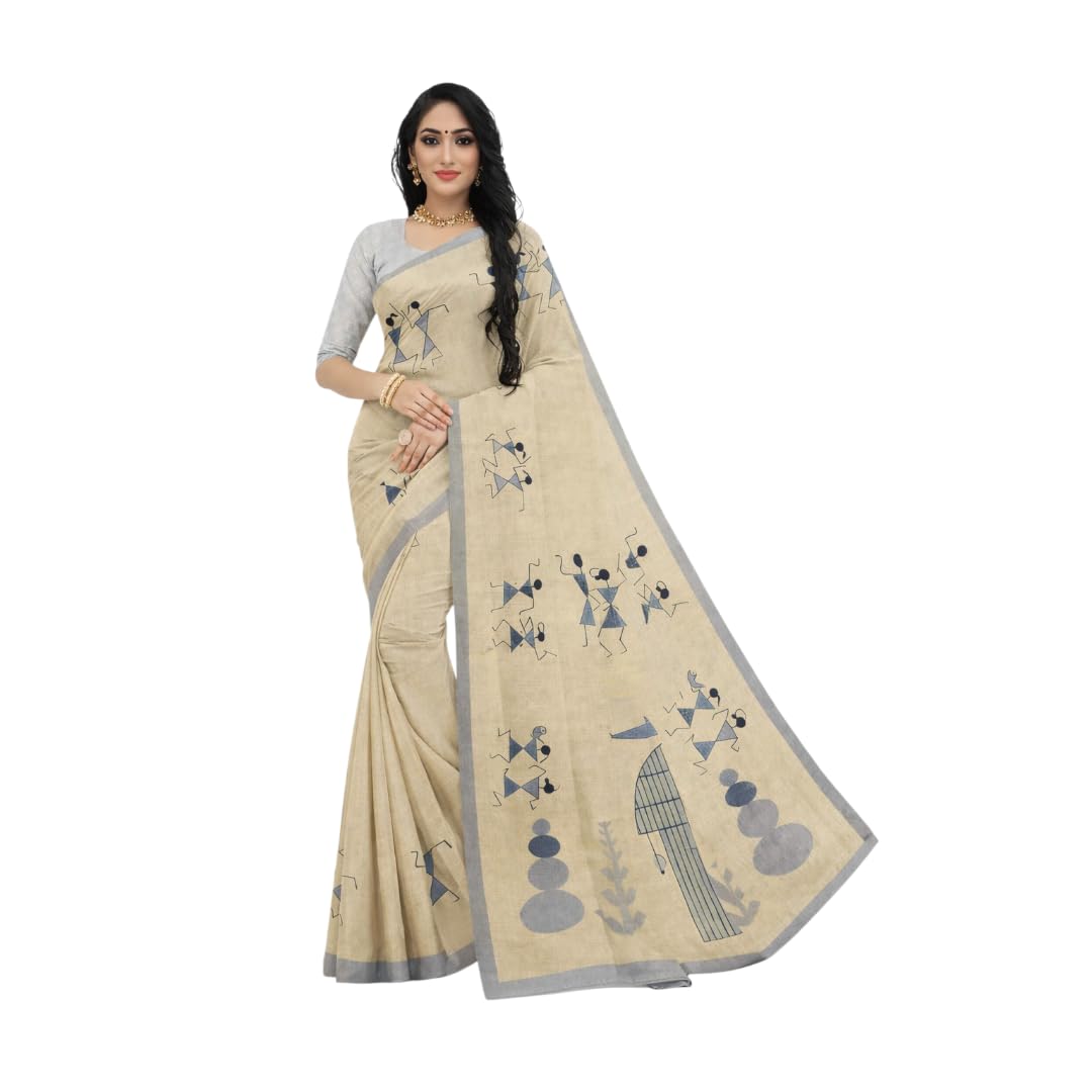 Beige Linen Saree with Warli Tribal Art Print, Grey Border, Lightweight and Breathable, with Matching Blouse - Review, Price and Buying Guide