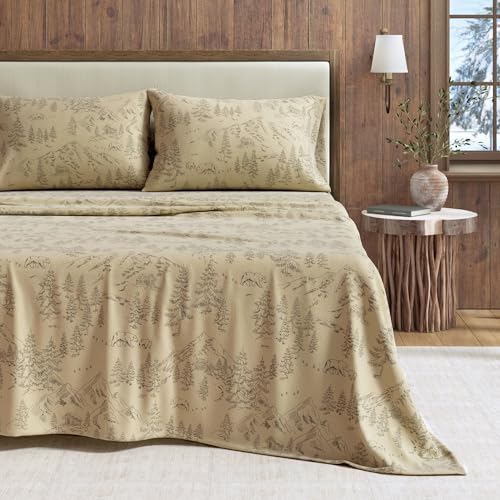 Image of Great Bay Home Flannel Sheet Set California King Size - 100% Turkish Cotton, Double-Brushed, Lodge-Printed Bed Sheets - Ultra-Soft, Cozy, 4-Piece Bedding Set (Bear Mountain)