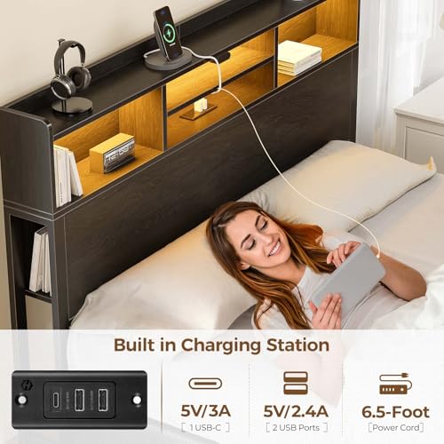 Image of Rolanstar Queen Bed Frame with Storage Headboard & 4 Drawers, Metal Platform Bed with Charging Station, LED Single Bed with Side Shelf, No Box Spring Needed, Easy Assembly, Black