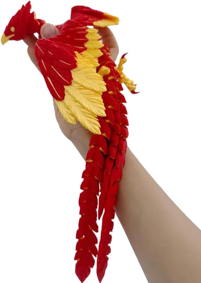 Articulated Phoenix Figurine – 3D-Printed Poseable Mythical Firebird with Moveable Wings & Tail, Glow-in-The-Dark Desk Fidget Toy & Decorative Collectible Gift (Red Phoenix, Large Size)