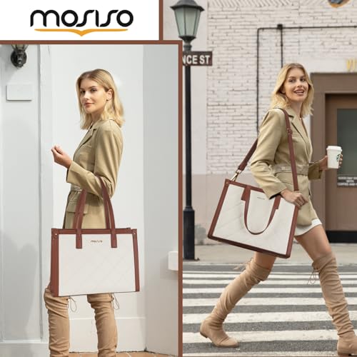 MOSISO Laptop Tote Bag, 15.6 inch PU Leather Women Rhombus Quilted Handbag & Clutch Purse, Waterproof Computer Bag Work Briefcase for Business Office, Brown2