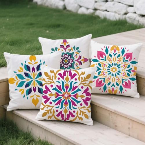 Housse coussin exterieur imperméable rose motif bohème double face