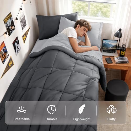 JOLLYVOGUE Twin Comforter Set, Ultra-Soft Bed in a Bag Twin Size 5 Pieces, Oeko-TEX Certified Bedding Set with Down Alternative Comforter, Sheets, Pillowcases & Shams, Dark & Light Grey by JOLLYVOGUE - Used condition - Image 2