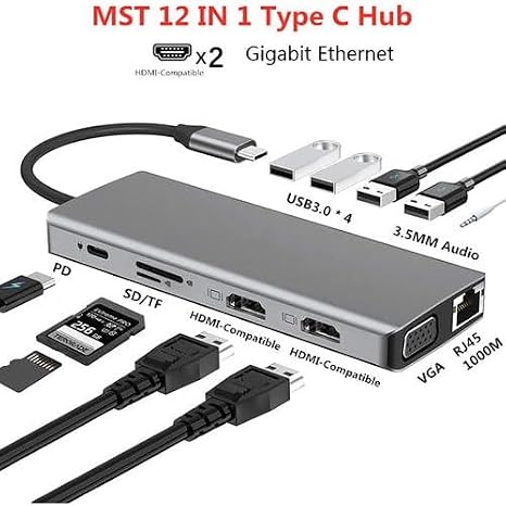 Coverzone 12in1 Dock Station 2 HDMI Compatible 1000 Mbps 4K USB C Adapter USB 3.0 VGA RJ45 Macbook Pro Type C Docking Laptop Floor Making Stations Type-C Adapter ZR610 For Pd
