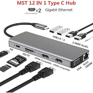 Coverzone 12in1 Dock Station 2 HDMI Compatible 1000 Mbps 4K USB C Adapter USB 3.0 VGA RJ45 Macbook Pro Type C Docking Laptop Floor Making Stations Type-C Adapter ZR610 For Pd