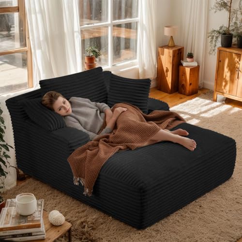 Fluffy Corduroy Chaise Lounge Daybed Oversized Sleeper Chair Sofa Bed,Boneless Sleeper Couch Recliner Full Foam Floor Cloud Sofa Chaise W/3 Pillows and Wide Armrests for Living Room Bedroom