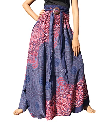 Full Funk Long Hippie Wrap Skirt Coconut Buckle Smoked Waist Elephant Design, Medium, Foral Circle - New Dark Blue Pink Cover