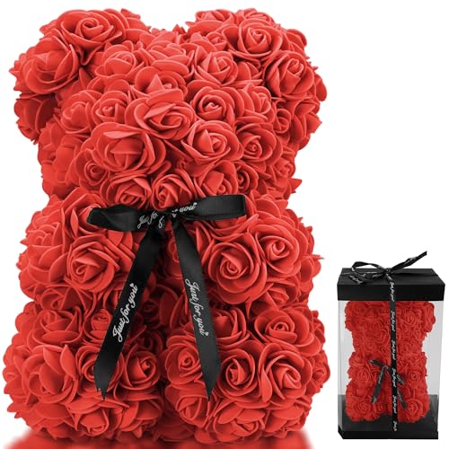 TANNESS 25cm Flower Rose Teddy with Transparent Gift Box and Black Ribbon | Gifts for Women Artificial Flowers Rose Bear for Valentine Gifts, and Home Decor - Red Teddy