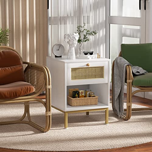 Ecoprsio Nightstands Set Of 2 For Bedroom, Boho Bed Side Table With Storage Drawer, Mid-Century Modern Night Stand With Wood Finish And Rattan Drawer, End Table, Sofa Couch Side Table - White #TOP7
