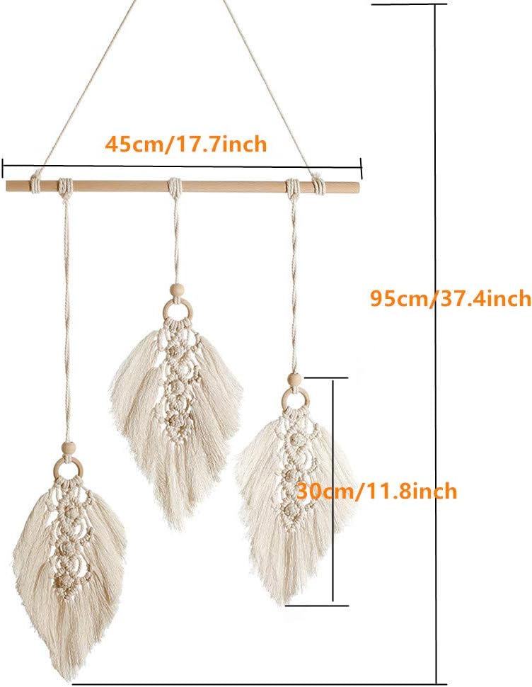 Dremisland Macrame Wall Hanging Hand Woven Feather Design Wall Decor Boho Chic Leaf Tassels Decoration Ornaments for Home Decor Apartment Living Room Bedroom Decor (Beige-3 Leaf)