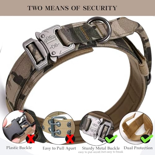 Image of Tactical Military Dog Collar - Adjustable Nylon, Heavy Duty Metal Buckle With Handle for Training (Camo, L) | 1000D Heavy-Duty Nylon Fabric,Quick-Release Metal Buckle,Adjustable Fit,Soft-Padded Webbing,D-Ring,for Training & Hiking