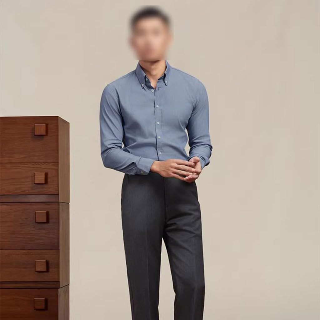 Camisa Formal De Negocios Manga Larga, Camisa De Hombre Ajustada Azul Denim De Otoño, con Cuello Abotonable