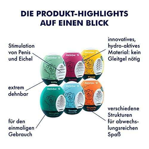 Satisfyer Masturbator Egg, verschillende structuren, hydro-actief TPE, geen glijmiddel nodig, voor eenmalig gebruik, Stil: 6x Set - Afbeelding 3