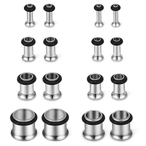 SCERRING 16PCS Ear Tunnels Stretching Kit Stainless Steel Gauge Plugs Set Single Flared Expanders 12G-00G (2mm-10mm) - Silver by SCERRING - Used condition - US$10.81