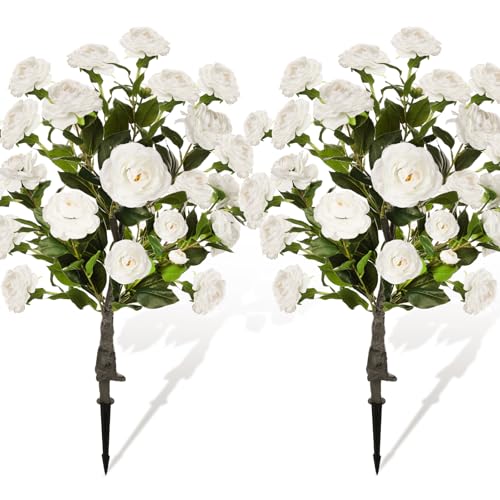 Lunmon 2 Pack 3ft Artificial Camellia Plants Tree 36" Faux Camellia Flower with Spike UV Resistant Realistic Fake Floral Blooming Bush for Indoor Outdoor Front Door Porch Backyard Garden, White