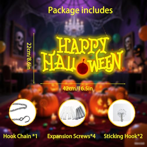 Image of Happy Halloween Neon Sign | Party Welcome Sign, Front Door /Bedroom /Home /Yard, USB Powered, 16.5x8.6 Inches