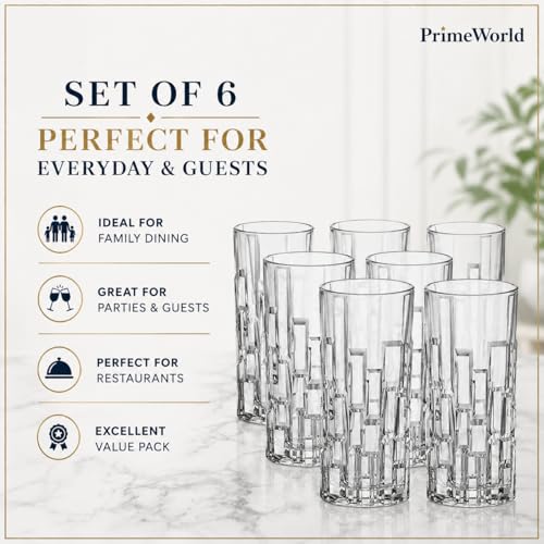 Image of PrimeWorld Italian Premium Water & Juice Glasses Set of 6-300ml | Transparent 3D Brick Design Crystal Highball Glasses for Water, Juice, Milk, Lassi & Cocktails