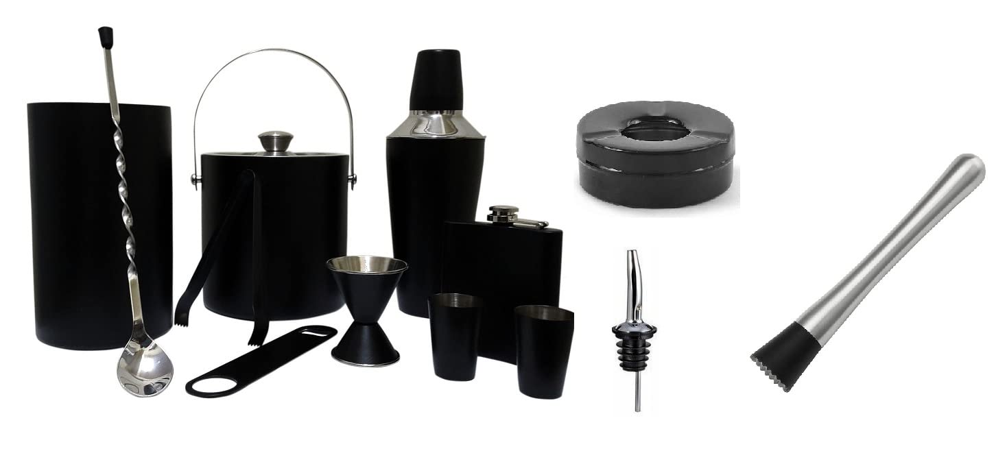 iKonbi Stainless Steel 13Pcs Bar Set-Cocktail Shaker, Ice Bucket, Peg Measure 30/60ml, Bottle Opener, Muddler, Pourer, Ice Tong, Wine Cooler, Hip Flask 7oz, 2 Shot Glasses, Bar Spoon, Ashtray