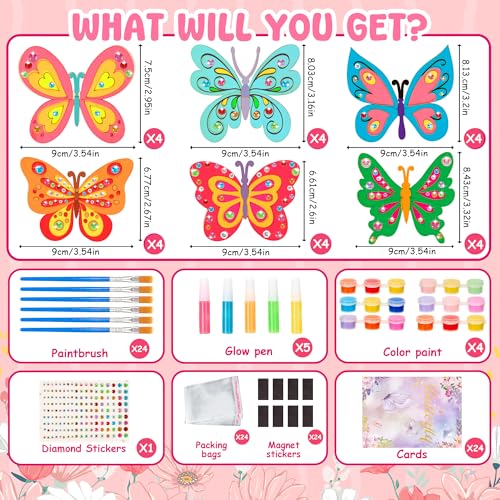 24 Pack Butterfly Party Favors - Non-Toxic Wooden DIY Butterflies Paint Craft - with Magnet Luminous Pen Diamond Sticker - Butterfly Birthday Party Supplies Goodie Bag Gift Prize for Kids Girl Toddler