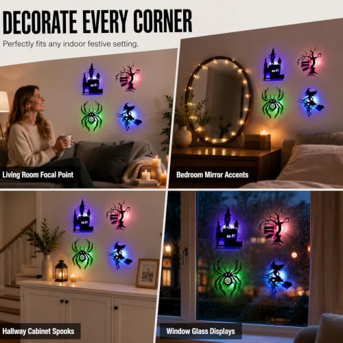 Image of Halloween LED Wall Decor Lights 3D Bat Witch Stickers Window Clings (X2)