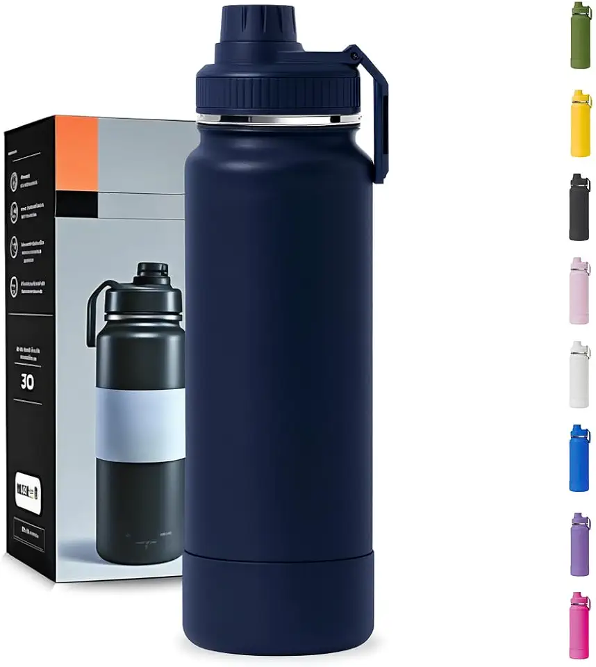 Garrafa Térmica 1000ML - Duplamente Isolada, Aço Inox 304, Base Emborrachada Anti Derrapante, Mantém Bebidas Quentes por 12 Horas e Geladas por 24 Horas (Azul Marinho Slin)