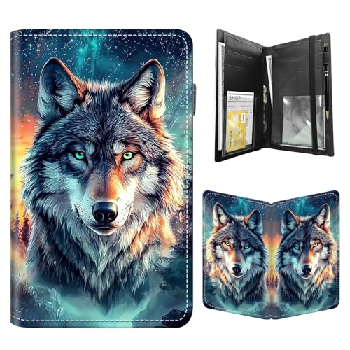 FQSXFIFN Leather Server Book for Waitress, Cute Server Book with Zipper Money Pocket,Check Presenters Waitstaff Organizer Fit Server Apron, Wolf Aurora Serving Books, Black Waiter Books for Servers