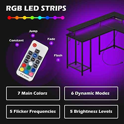 Superjare L Shaped Gaming Desk With Power Outlets & Led Lights And Drafting Chair With Back, Adjustable Foot Rest Rolling Stool #TOP4