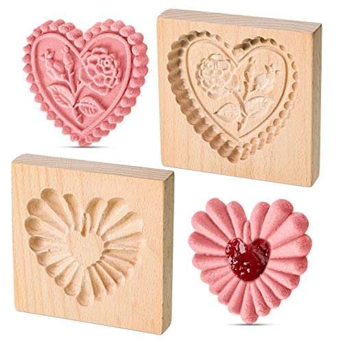Meanplan Carved Wooden Cookie Mold, Baking Embossing Cookies Stamp Mold Cutter Funny 3D Heart Wood Rose Dessert Tools For Christmas Kitchen Diy Baking Tools(Heart Rose)