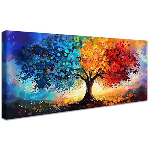 Wooden Framed Large Canvas Wall Art Blue Yellow Red Tree of Life Painting on Canvas Prints Poster Colorful Tree Floral Pictures for Living Room Bedroom Restaurant Home Office Wall Decoration 50x120cm