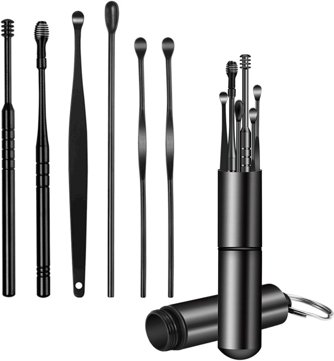6 Pcs Ear Cleaner Wax Removal Tool, Ear Cleaner Cleaning Kit, Ear Picker Earpick Ear Pick Earwax Removal Kit with Key Ring (Cylinder/Black)