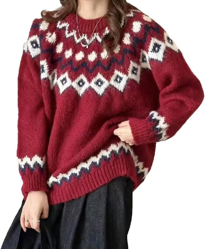 Women's Fair Isle Sweater Casual Vintage Crew Neck Knitted Sweater Cute Graphic Fall Fashion Pullover Jumper Tops