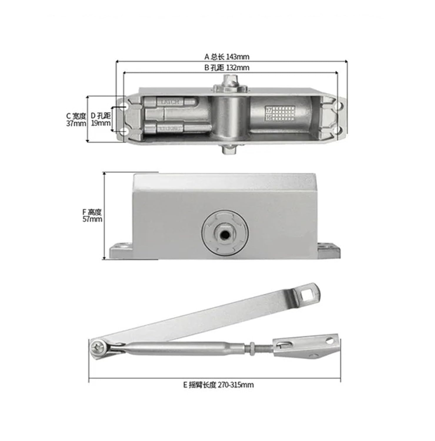 Automatic Door Closer with Adjustable Closing/Locking Speed Aluminum Alloy Suitable for Left and Right-Hand Doors 25-45 kg 900M