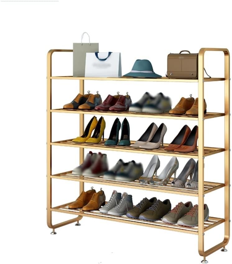 Free Standing Shoe Racks Shoe Closet 5 Tier Shoe Rack, Modern Metal Shoe Rack, Large Capacity, Space Saving, Perfect for Hallway Bedroom Shoe Organizer Shoe Storage Rack (Brass)