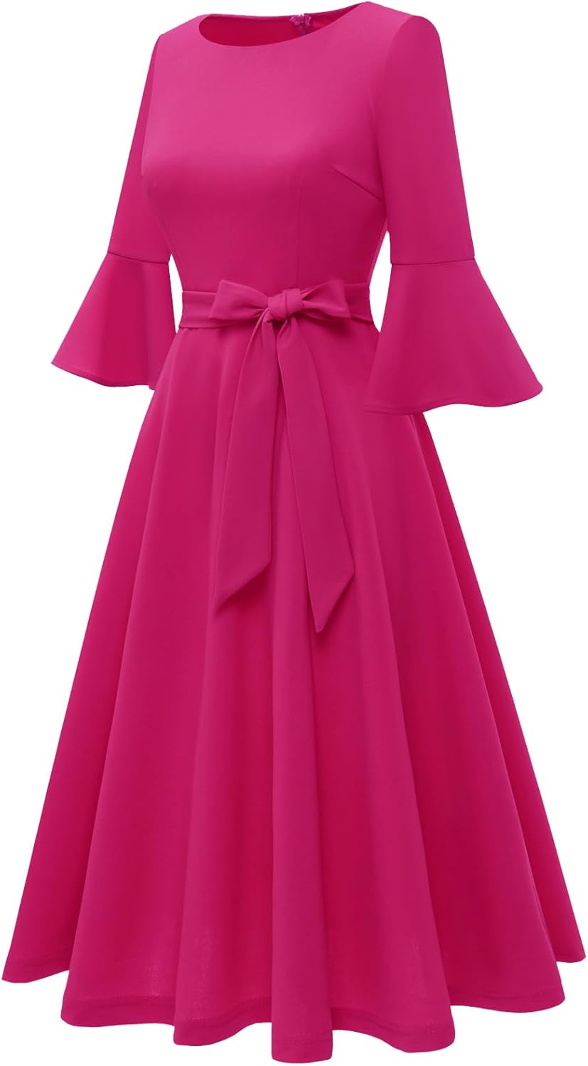 HomRain Women's Church Dresses Modest Bell Sleeve Wedding Guest Cocktail Tea Party Vintage Evening Dress - Image 2