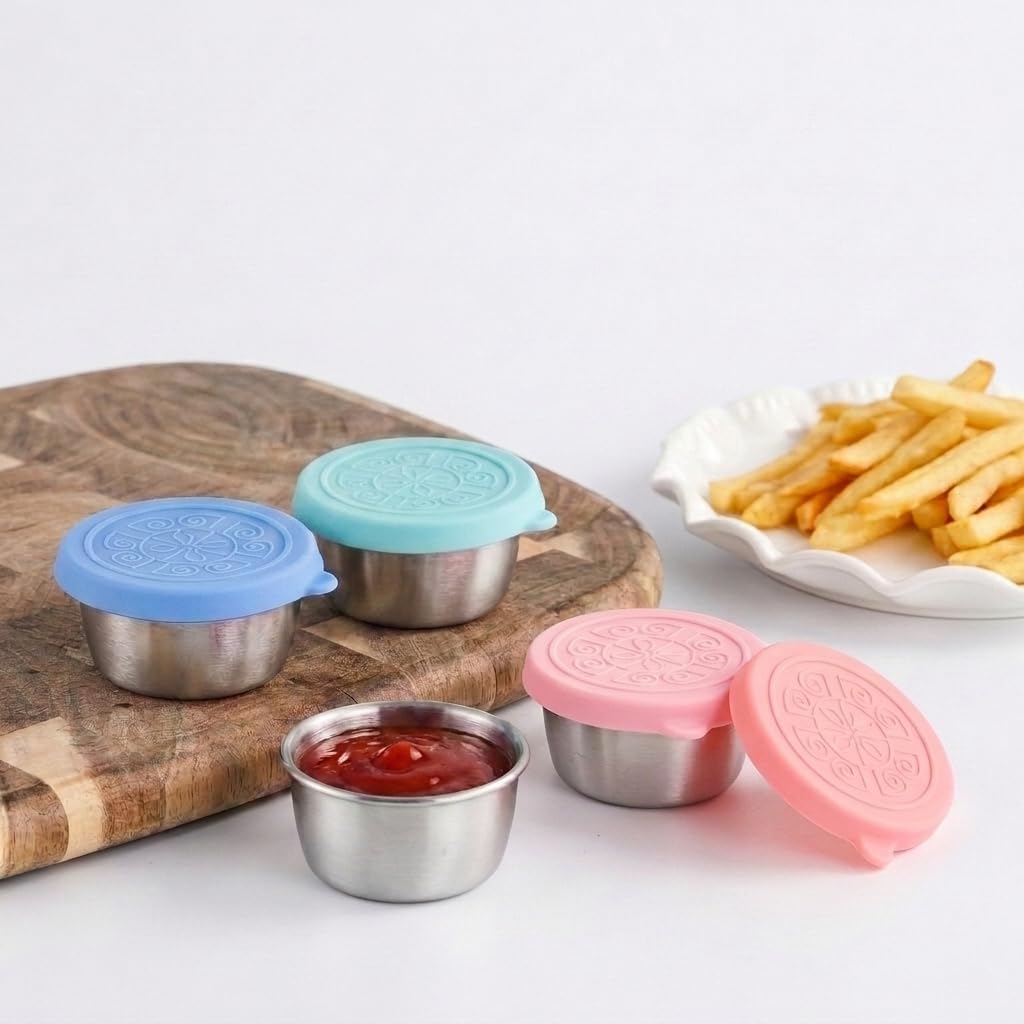 Salad Dressing Container To Go, Small Condiment Containers with Leakproof Silicone Lids, Reusable Stainless Steel Sauce Cups for Lunch Bento Box, Picnic and Travel, 4 pcs