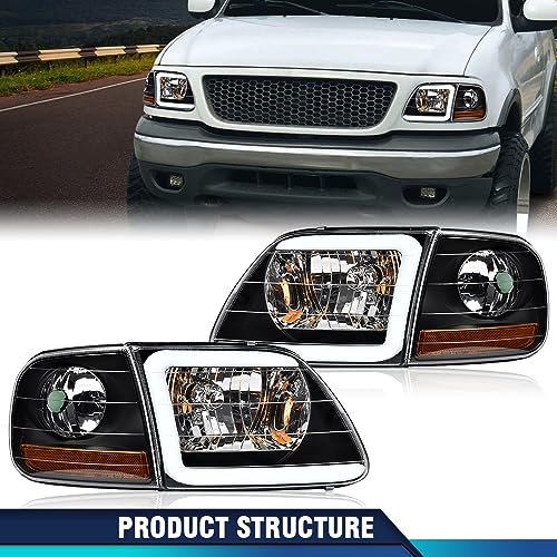 PIT66 LED DRL Headlights Assembly w/Corner Parking Lights Fit 1997-2003 Ford F150 /2004 F150 Heritage /98-99 F250 /97-02 Expedition Black Housing Amber Reflector by PIT66 - Image 2