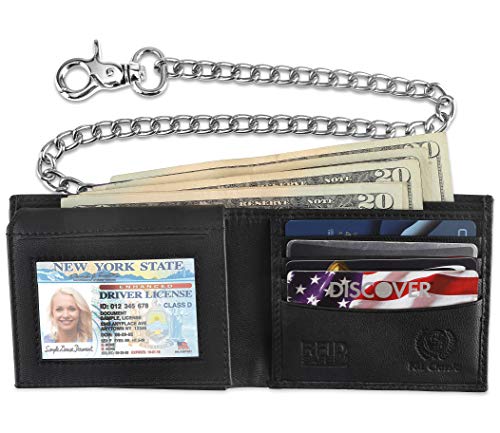 F&L Classic Rfid Blocking Mens Bi-Fold Style Cowhide Leather Steel Chain Wallet, Texas Black #TOP1