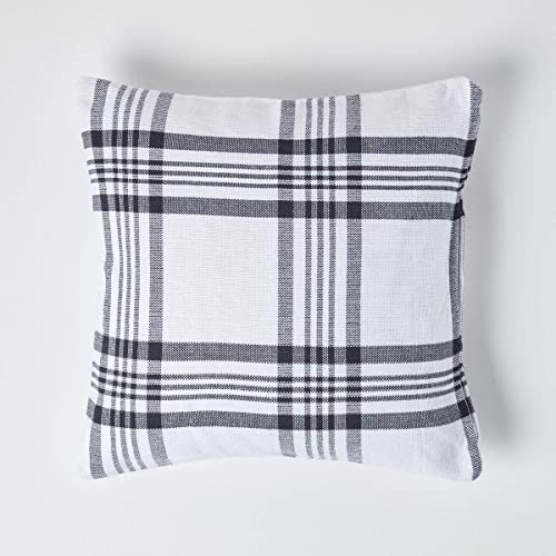 HOMESCAPES Large White & Black Tartan Cushion Cover, 100% Cotton, 24 x 24 or 60cm x 60cm, A Great Fit for Sofa or Settee Cushion Cover, or as Display Cushion Cover for your Bed or Conservatory
