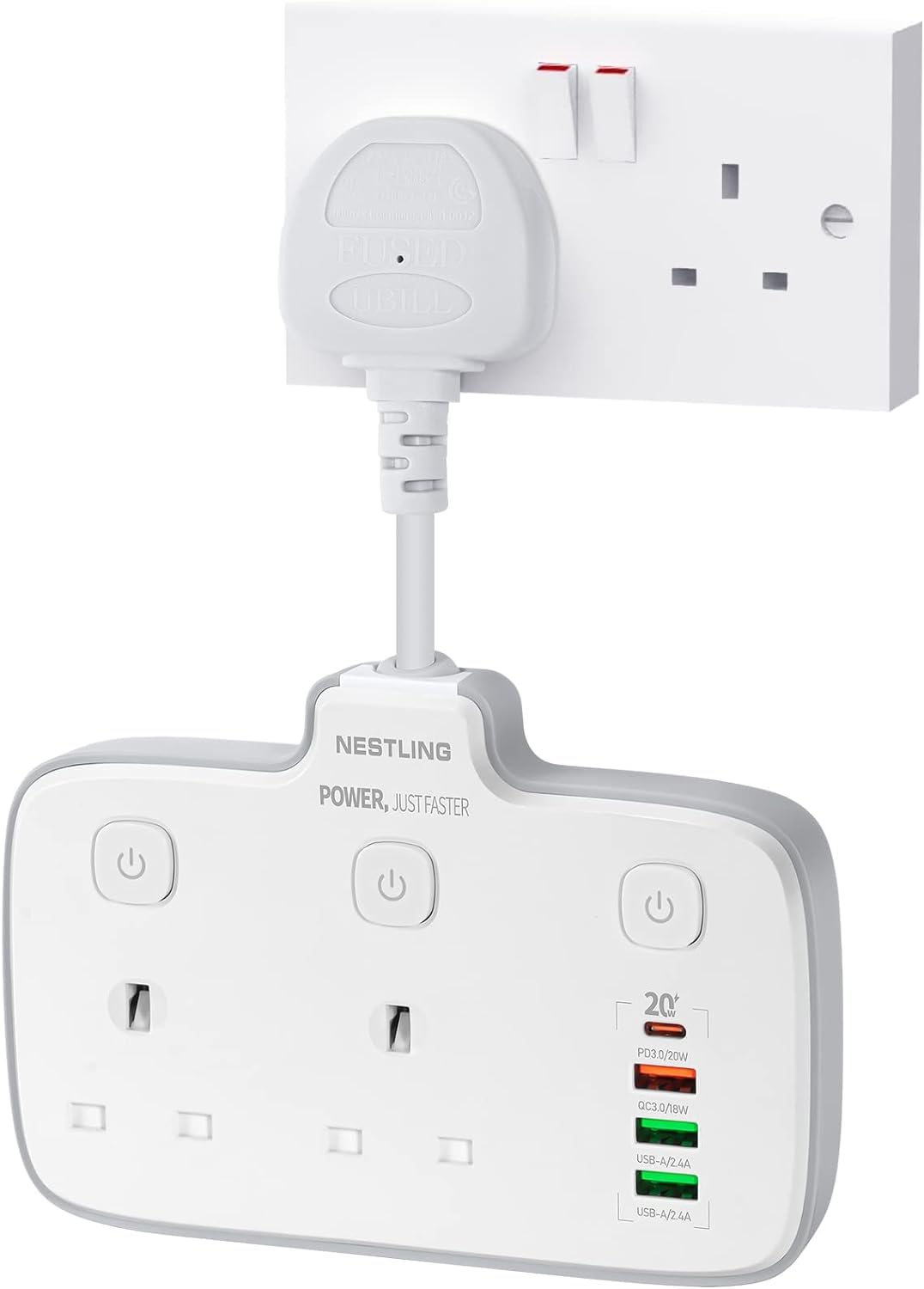 NestlingPlug Extension with 4 USB Ports, 2 Way Multi Power Socket, 6-in-1 2500W Wall Adaptor with 20W D Fast Charger for Home, Office, Kitchen, and Travel